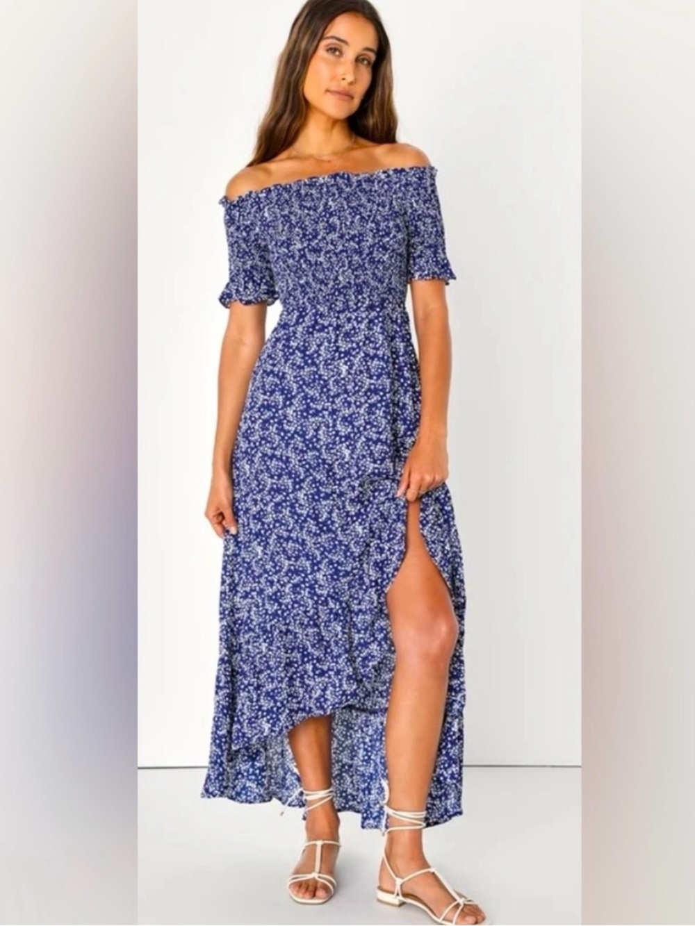 Lulu's Blue Floral Off-Shoulder Maxi Dress